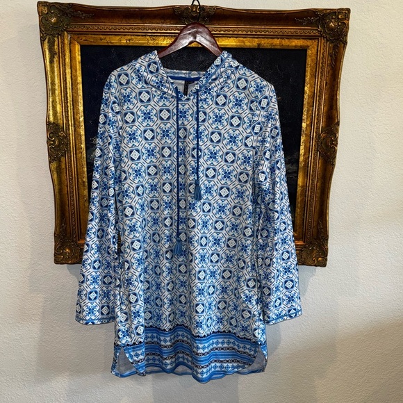 AQUA ET SOL Blue Multi-Print Tassel Tie NEW UPF 50+ Swim Hooded Coverup XL - Picture 1 of 8